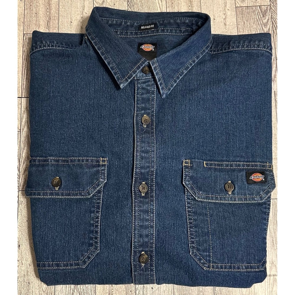 Dickies Mens XL Relaxed Fit Denim Button Down Shirt Work Utility Blue‎ EUC